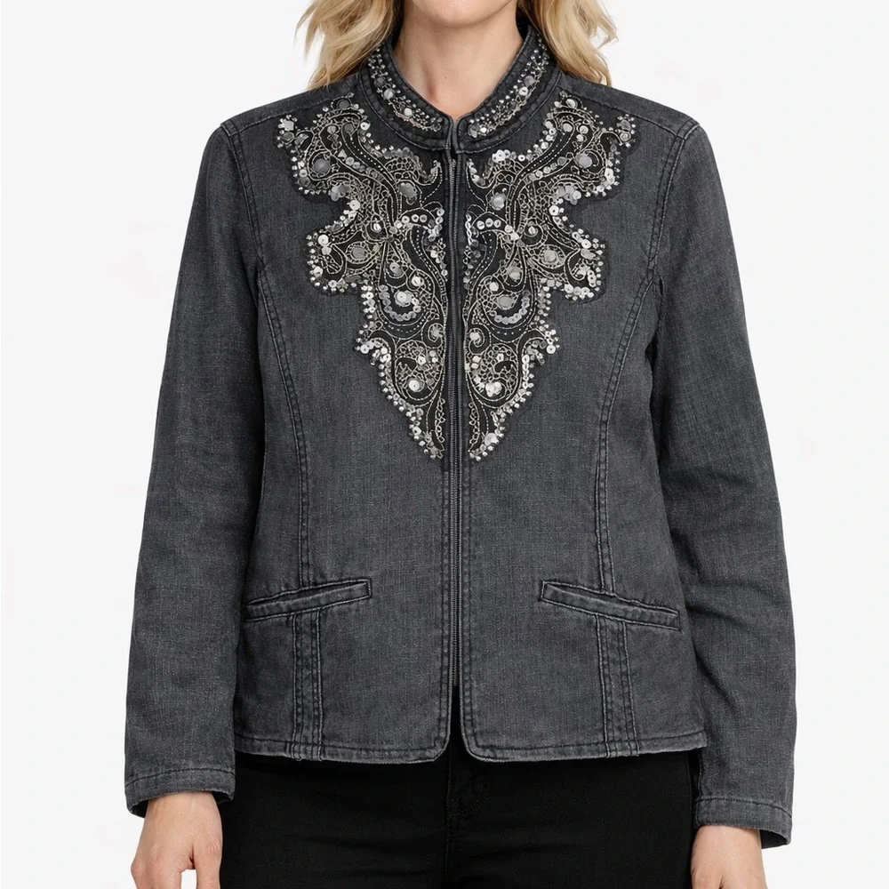 Chico’s Embellished Denim Jacket Gray Beaded Sequin Zip Women’s Size 1